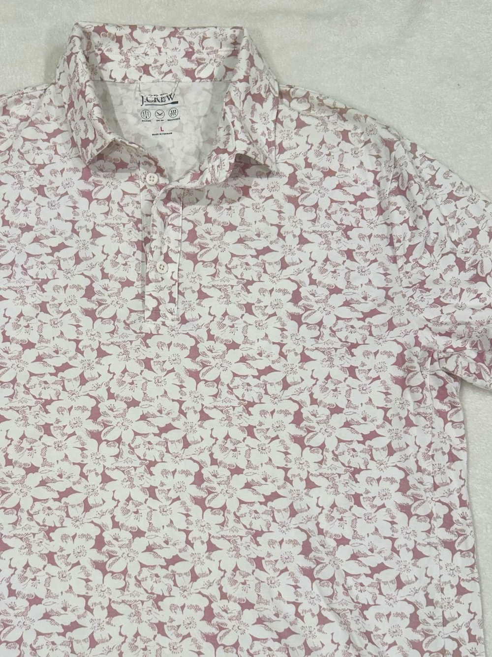 J. Crew men’s performance polo shirt white w pink floral print men’s large